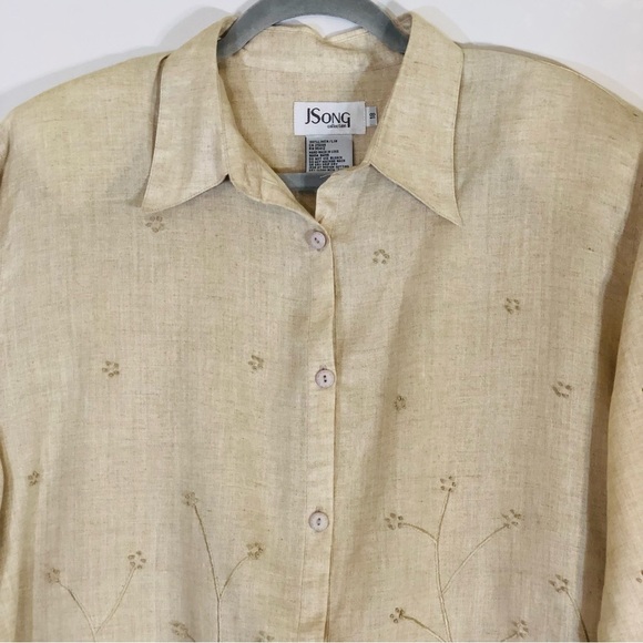 J Song Collection Tunic Top Women’s Size 18 100% Linen Tan Khaki Embroidered - Picture 3 of 14